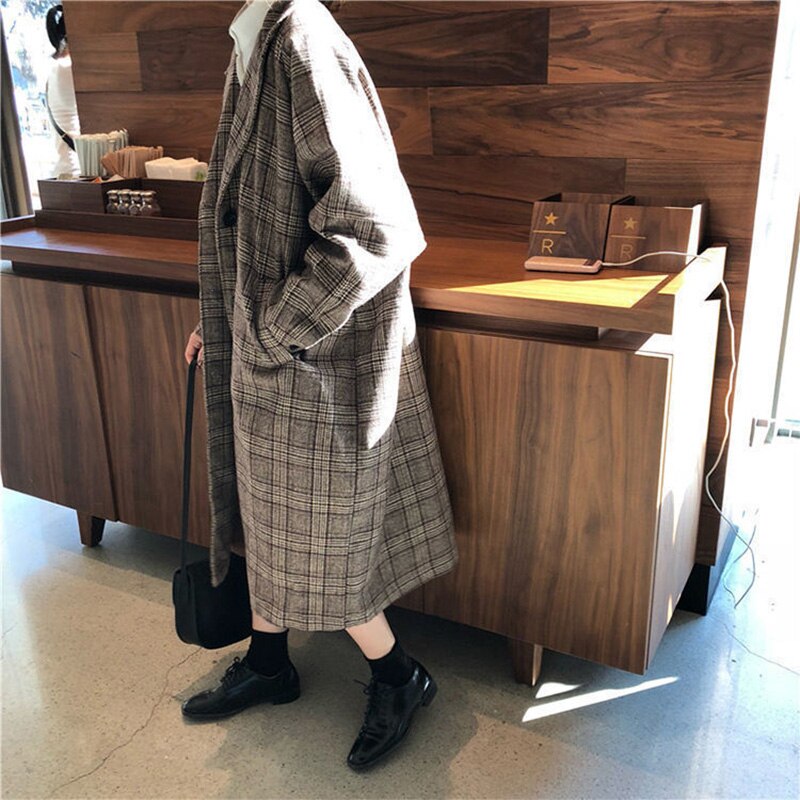 Vinter check fløjl frakke kvinde hakket varm ternet uld kvinders frakker fleece kontor dame vintage lang overfrakke kvinde