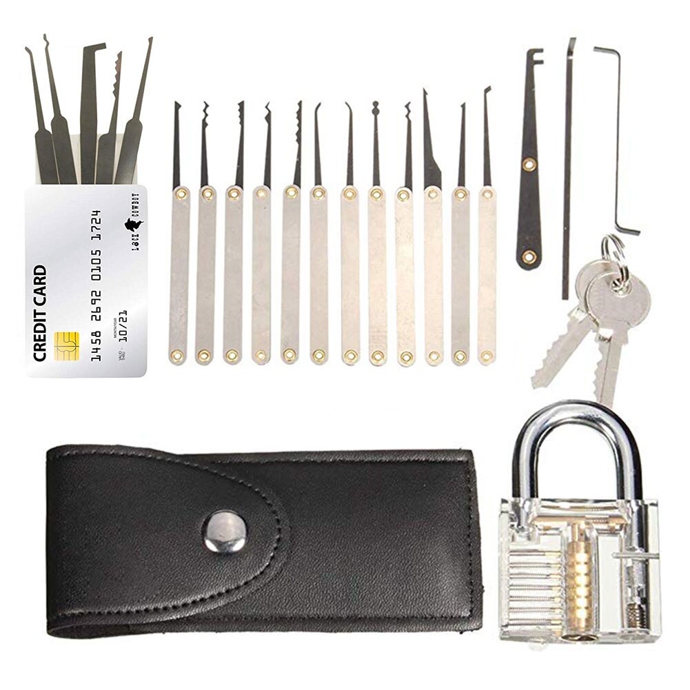 Lock Pick Set with Transparent Training Padlock and Credit Card Lock Picking Tool Kit for Beginner and Pro Locksmiths