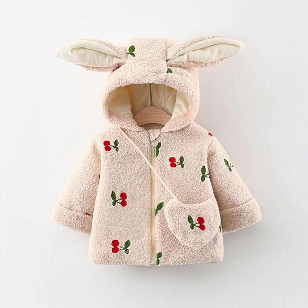 Winter Girls Kids Coat Warm Cherry Velvet Fleece Jacket Children Baby Infants Ear Hooded Thicken Outwear Casaco+Bag S11350