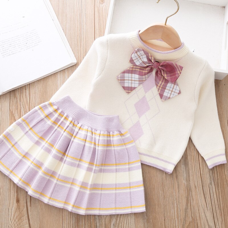 Falda corta a cuadros con lazo para niñas, ropa de invierno para niños pequeños, suéteres de invierno, suéter para niños pequeños, ropa de otoño, 2022: purple / 2T