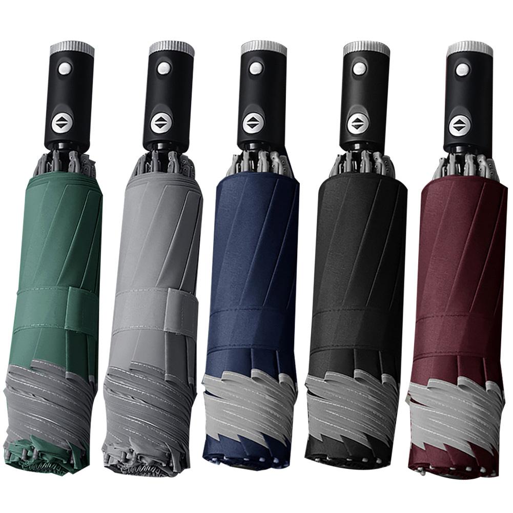 Three-fold Automatic Reverse Umbrella Portable Folding Waterproof Reflective Edge LED Light Sun Block Umbrella Parasol