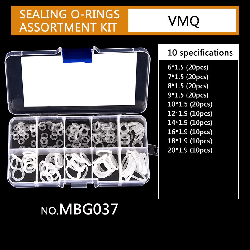 Silicone VMQ Blanc Joints toriques OD 6mm-20mm CS 1.5mm 1.9mm Durable JOINTS TORIQUES Assortiment Kit 10 Tailles 150 Pièces/ensemble BG037