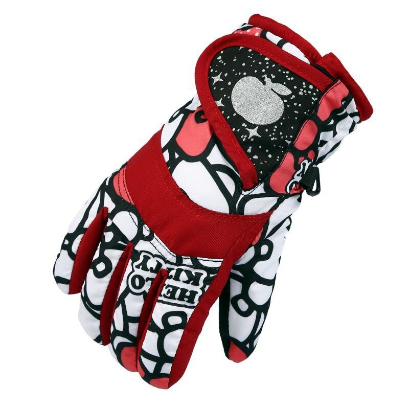 Children Kids Winter Warm Solid Color Gloves Boy Girls Ski Long-sleeved Mitten Windproof Skiing Snowboard Gloves Riding Gloves: Red / M