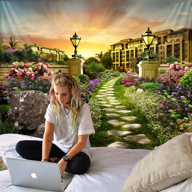 Beautiful city flower path wall hanging in the sunset 3d digital printing tapestry bedroom art decoration