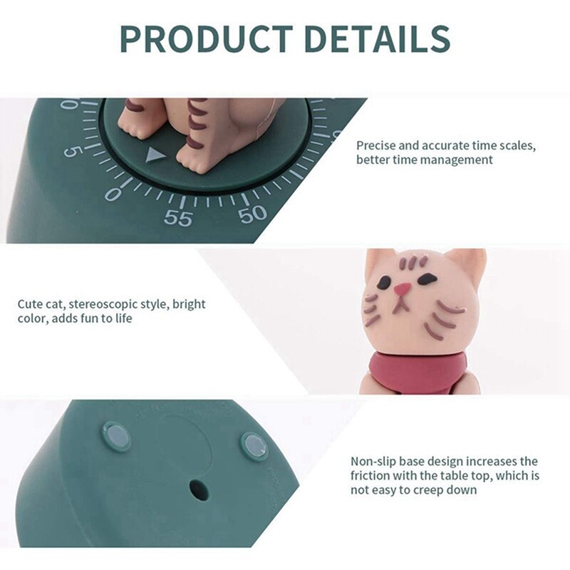 2Pcs Cat Kitchen Timer Cooking Countdown Mechanical Timer Alarm Reminder - Yellow+Gray & Green+Yellow