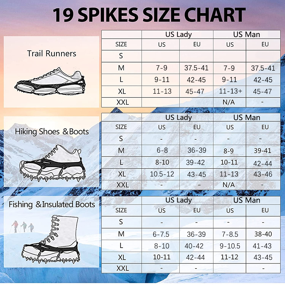 Steigeisen-Schuhe, 19-Spikes, Eis- und Schneegreifer-Schuhe, Camping, rutschfest, Klettern, Schutz zum Joggen, Gehen, Wandern auf Schnee, Eis