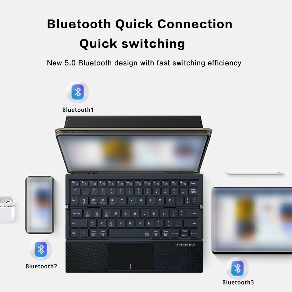 Genopladeligt bluetooth 5.0 trådløst foldbart tastatur med touchpad, bærbart tri-foldbart rejsetastatur til pc/bærbar computer/tablet