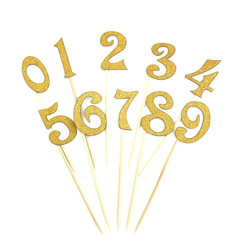 10 stk / sæt nummer mønster fødselsdagskage topper 7 farve akryl gyldne børn fødselsdag fest dekoration: Guld