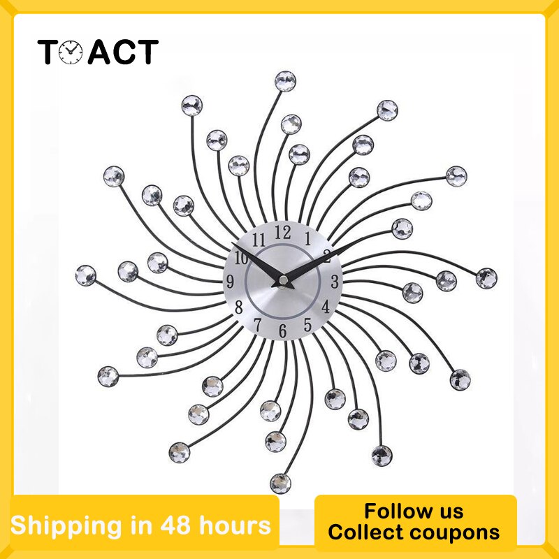 33cm Vintage Metal Crystal Sunburst Wall Clock Luxury Diamond Large Wall Clock Morden Silent Clocks for Home Decor