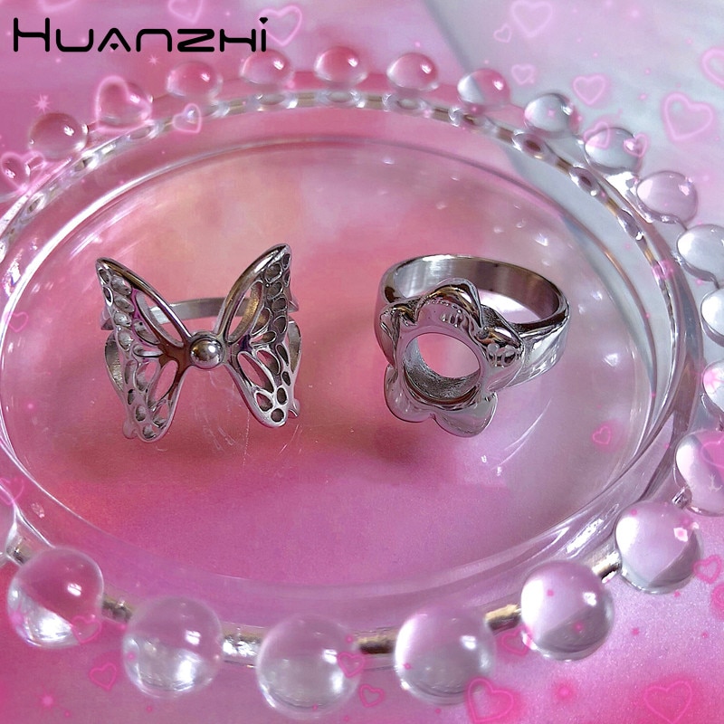 Huanzhi 2020 novo coreano punk na moda tibetano prata oco flor borboleta geométrica liga anéis para festa feminino jóias presente