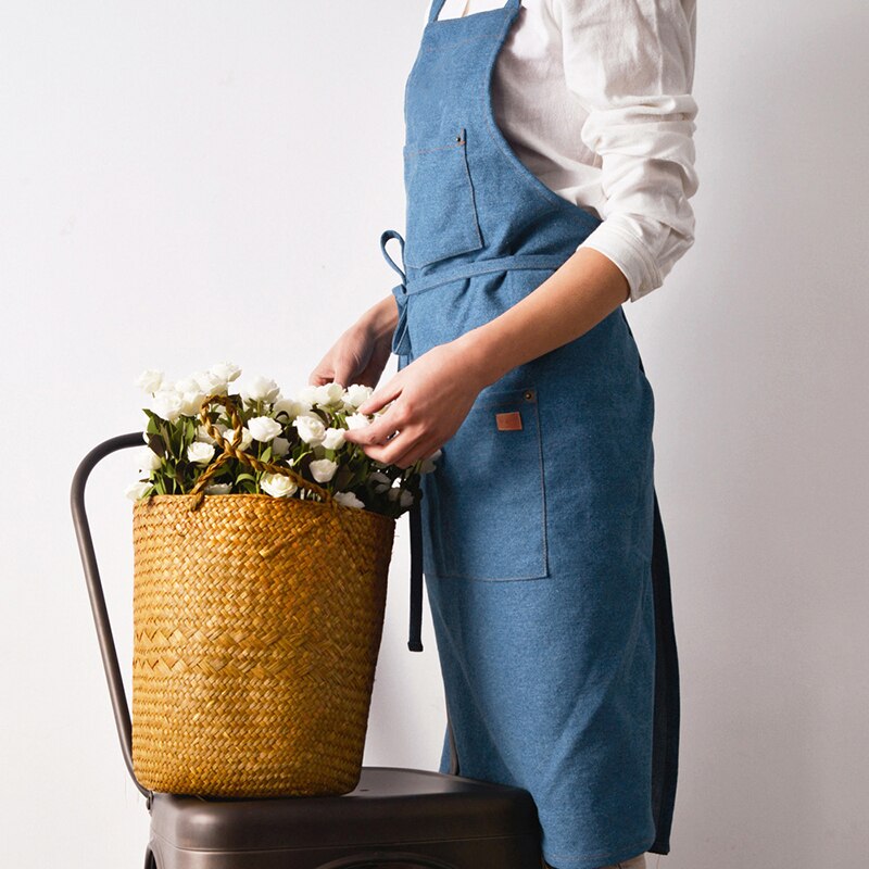 Newly Denim Hanging-neck Apron Sleeveless Apron Dust-proof Overall for Chef Kitchen with Pockets Unisex