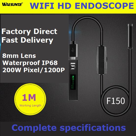 Walsunte 8mm lens wifi endoscope HD 1080P IP67 waterproof industrial endoscope for iPhone Android