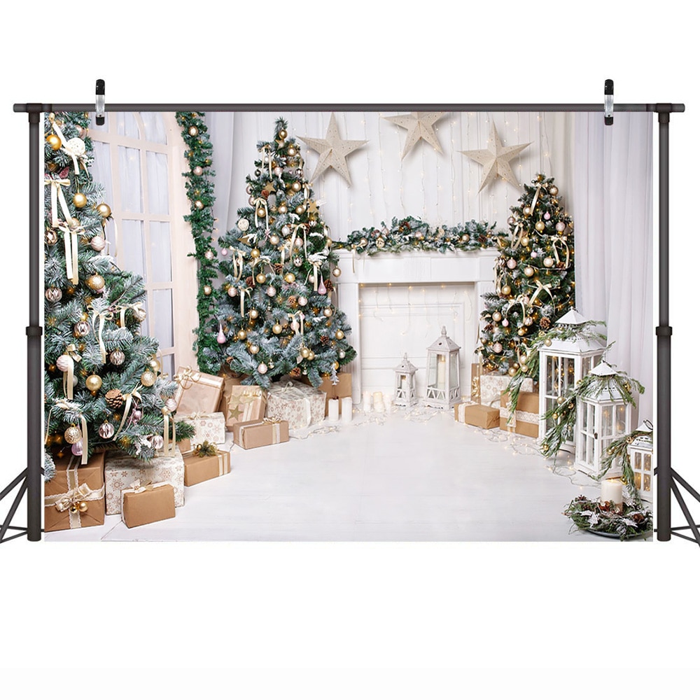 Noël photographie toile de fond arbre de noël blanc cheminée fond hiver salon lumière cloches étoile Photo Shoot