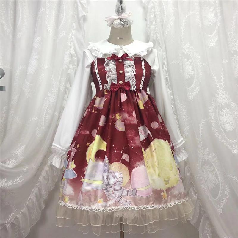 Lolita Kawaii Suspenders Dress Vintage Gothic Jsk Princess Girl Dress Gradient Sky Print High Waist Bowknot Lace Ruffle Sweet: Only JSK Dress 3
