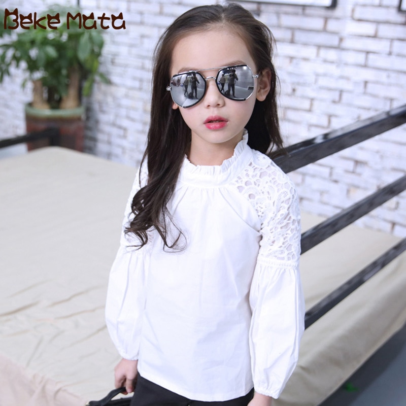 Hvit bluse for jenter våren barn jenter bluser lange ermer blonder tenårings skoleuniform patchwork barn jente skjorter