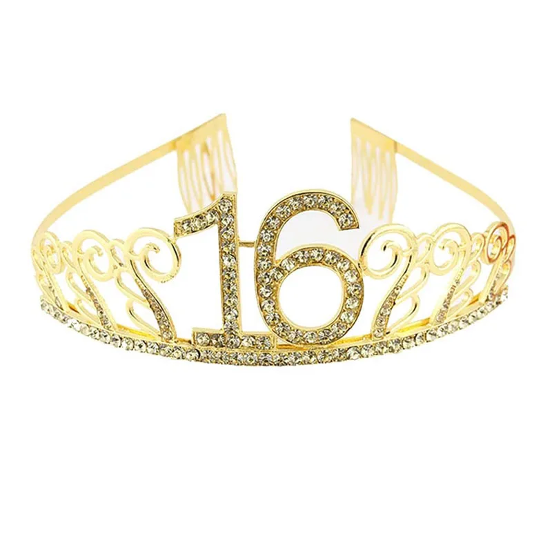 Sweet 16 Birthday Party Tiara Crown Headband Satin Sash for Girl 16th Birthday Princess Party Decoration Cake Topper Favor