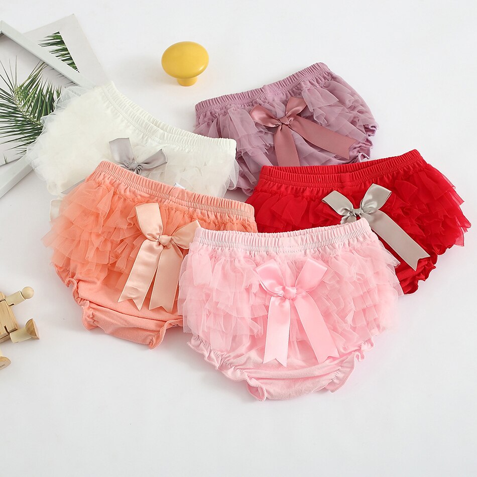 Ropa interior de algodón para bebé, pantalones cortos con de lazo, bombachos con volantes de encaje para niña pequeña