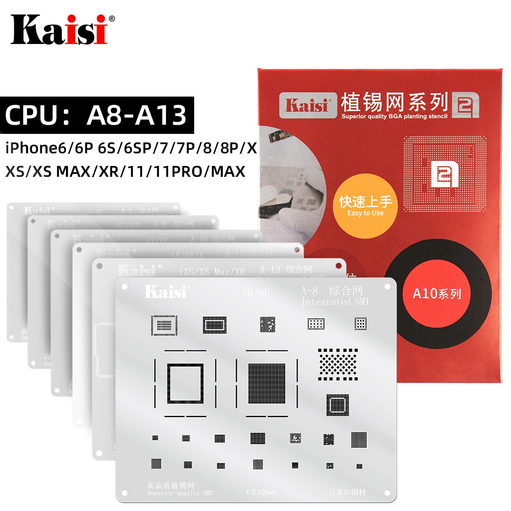 Kaisi 0,12mm BGA Reballing Stencil Kit de soldadura plantilla para iPhone IC CPU A8A9A10A11A12A13 11Pro/Max XS XR 8 8P 7P 6S 6P 5S