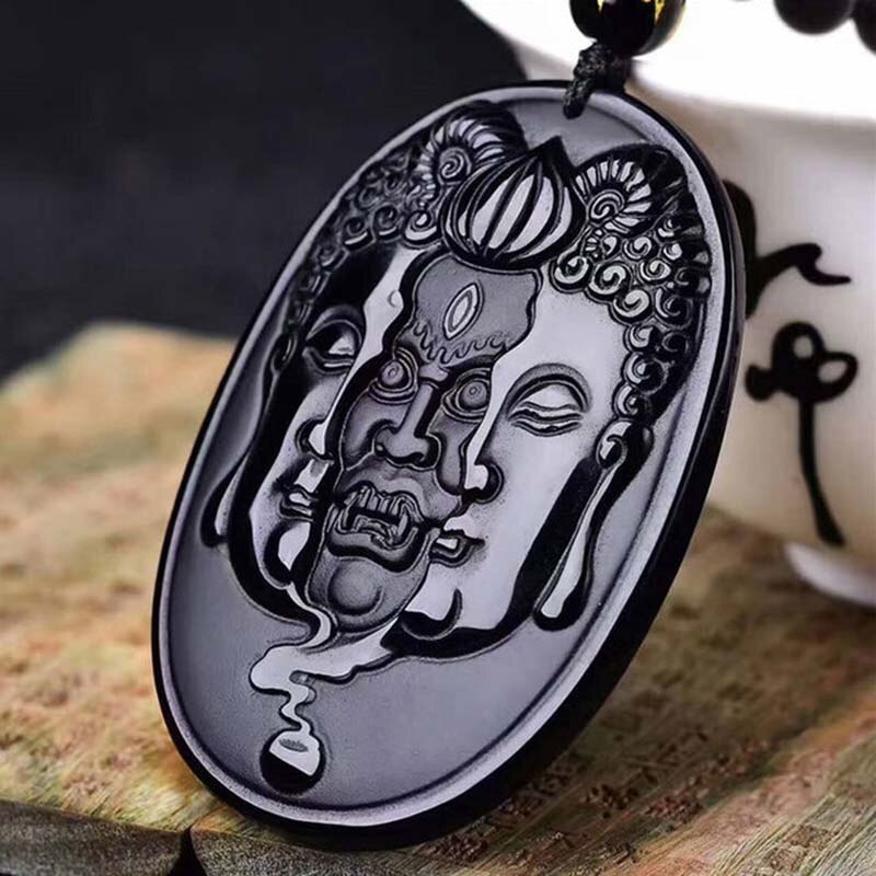 Buddha and Devil Carving Obsidian Necklace Pendant Men's Pendant With Chain Black Jade Jewelry