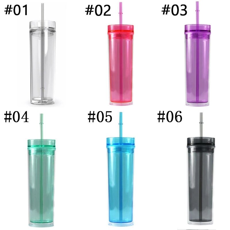 16oz Acrylic Clear Skinny Tumbler With Lid And Straw Plastic 6 colors Tumbler Insulated Water Bottle For Party
