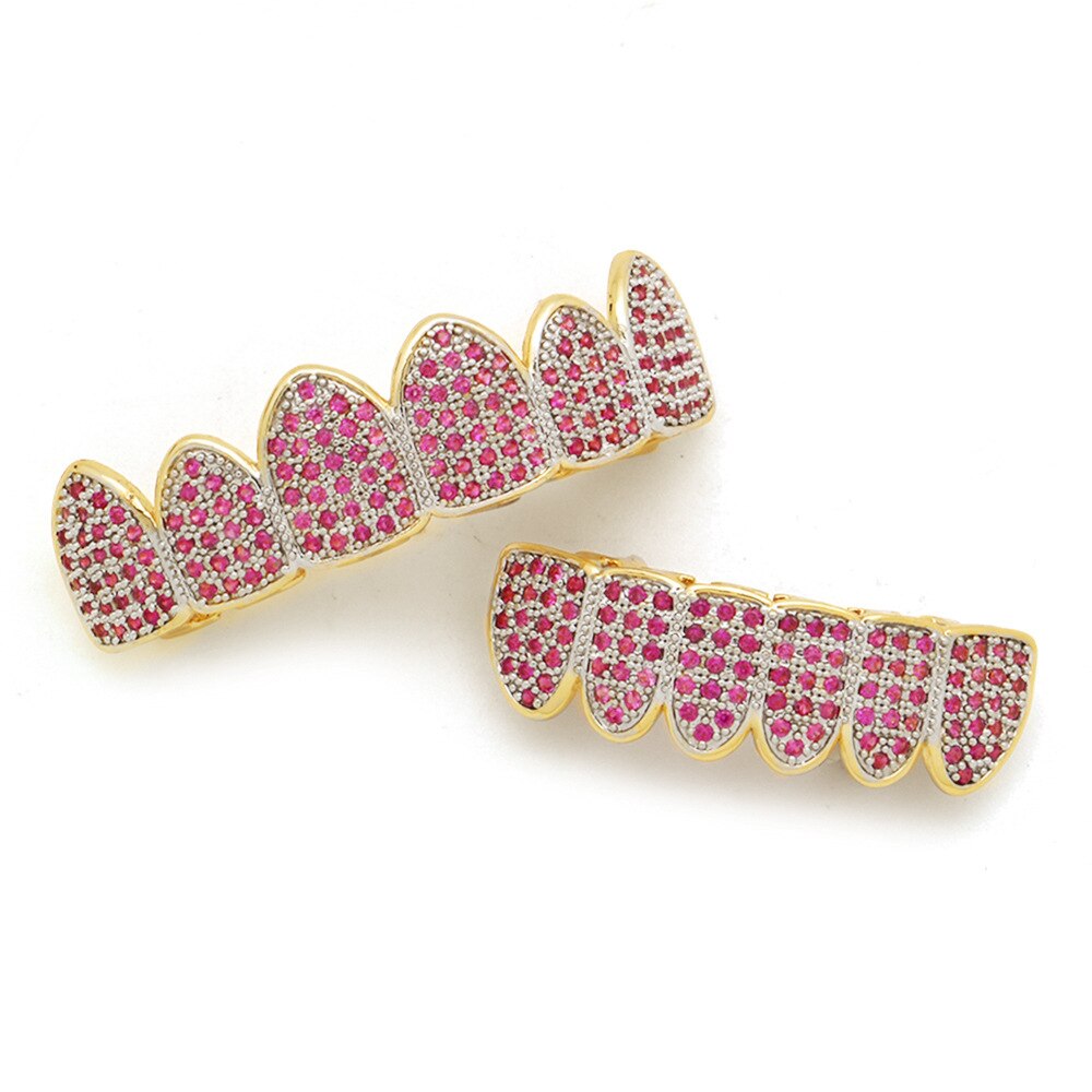 1set Hip Hop Rock Teeth Grillz Pink Diamond Tooth Gems Jewelry Top &amp; Bottom Teeth Braces Set for Men Women Halloween