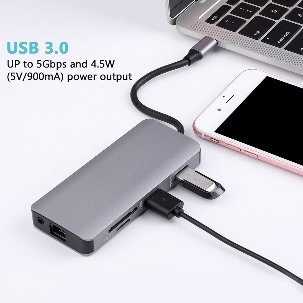 Grey 9 In 1 Adapter Computer Network USB C Hub 1000Mbps Audio Port Cable Concentrator HDMI VGA PD3.0 Card Reader Video RJ 45