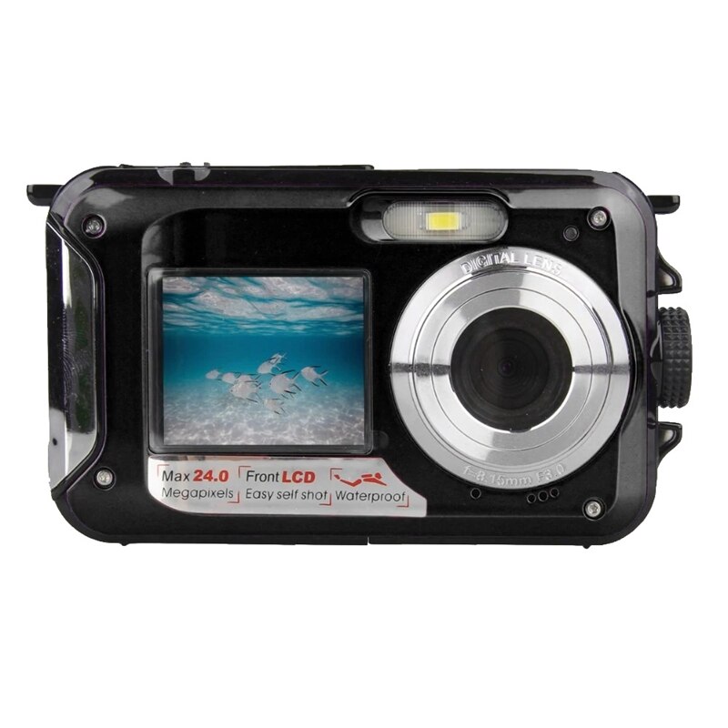 Waterproof Digital Camera Underwater Camera Video Recorder Selfie Dual Screen DV Recording Camera: Black