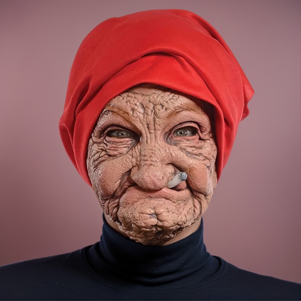 Lustige rauchende Oma alte Nana-Latexmaske Lady Grandma mit faltigem Gesicht und roten Schalmasken Halloween-Party-Kostüm-Requisiten: Default Title