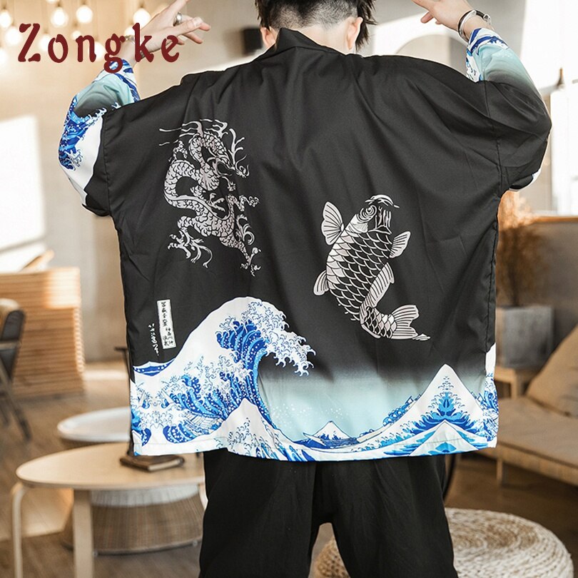 Zongke Golven Zwart Kimono Mannen Japanse Kimono Vest Harajuku Kimono Shirt Mannen Streetwear Hawaiian Shirt Mannen 5XL