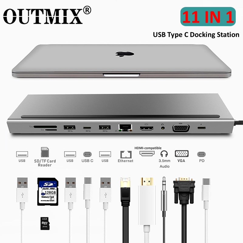 OUTMIX tipi C HUB HDMI USB 3.0 HUB Dock VGA HDMI RJ45 USB adaptörü dönüştürücü PD şarj laptop için thunderbolt 3 USB C HUB