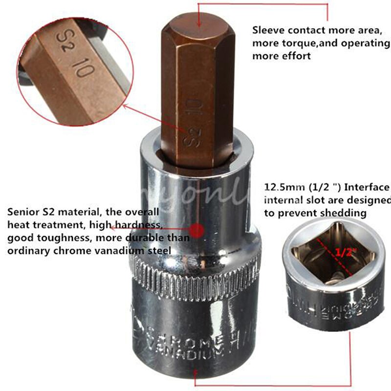 1/2" S2 And Cr-V Steel 12mm (12.5mm) Hex Torx Star Bit Socket