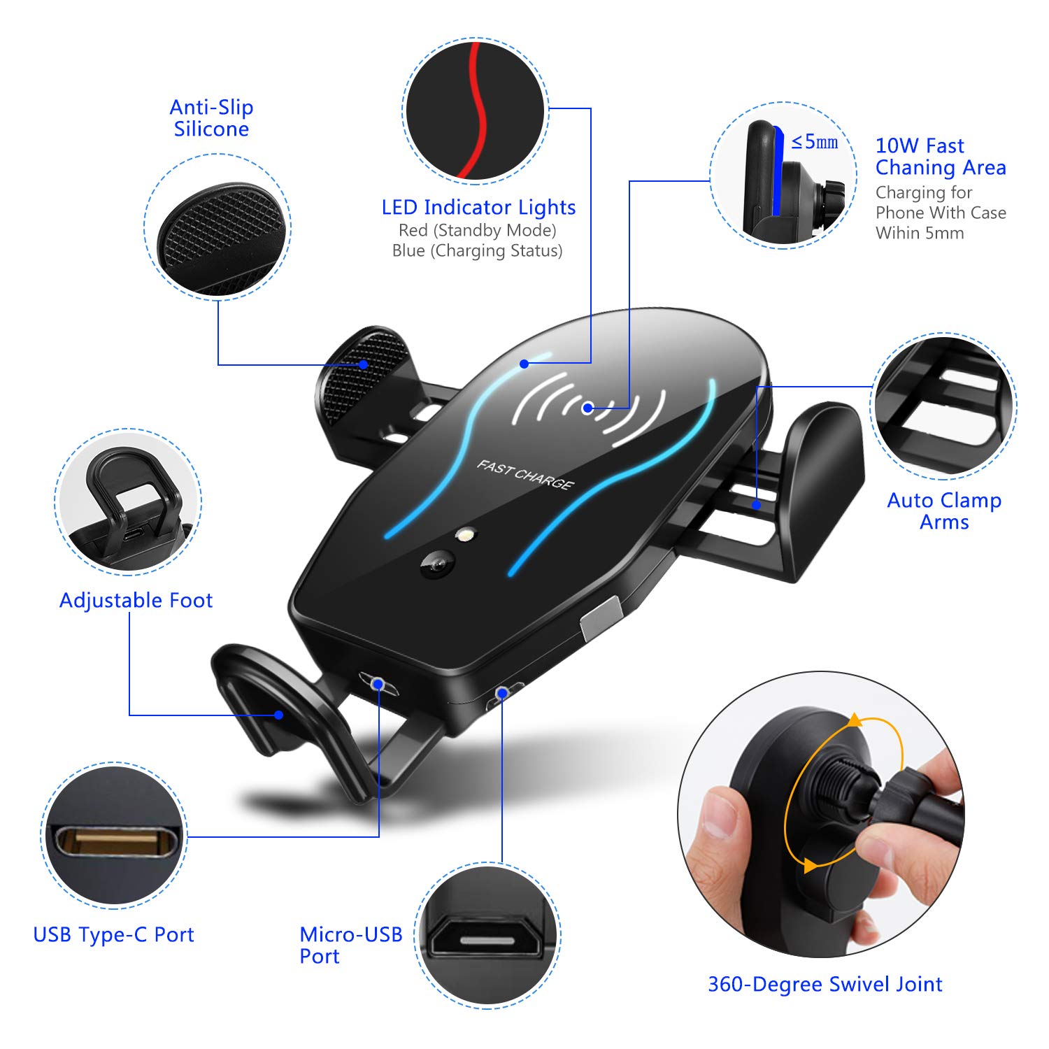 Auto-Clamping 10W Qi Fast Wireless Car Charger for Blackview BV9900 BV9800 BV9700 BV9600 BV5800 BV9600 Plus BV6800 Pro Holder