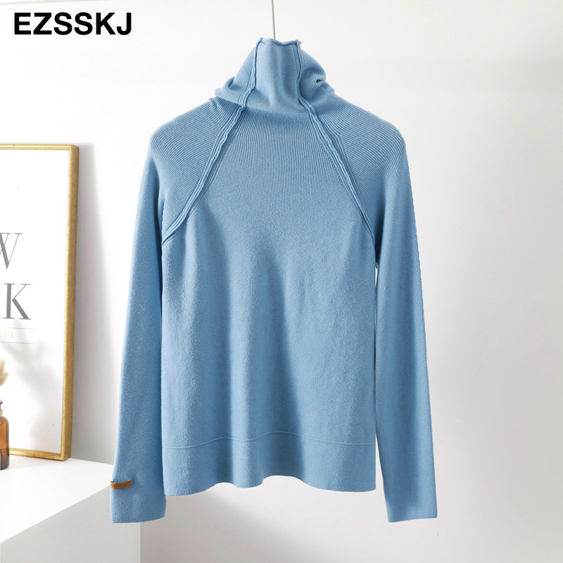 Turtleneck sweater kvinder efterår vinter tyk pullover solid strikket sweater kvindelig overdimensioneret bunkekrave sweater: Blå