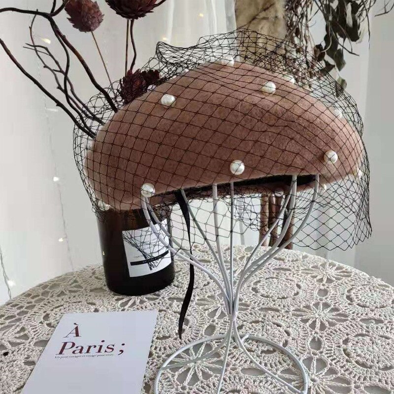Lady Autumn Winter Berets Hat Pearl Lace Veil Painter Hat Women Sweet Vintage Berets Caps Female Bonnet Warm Walking Cap: 03