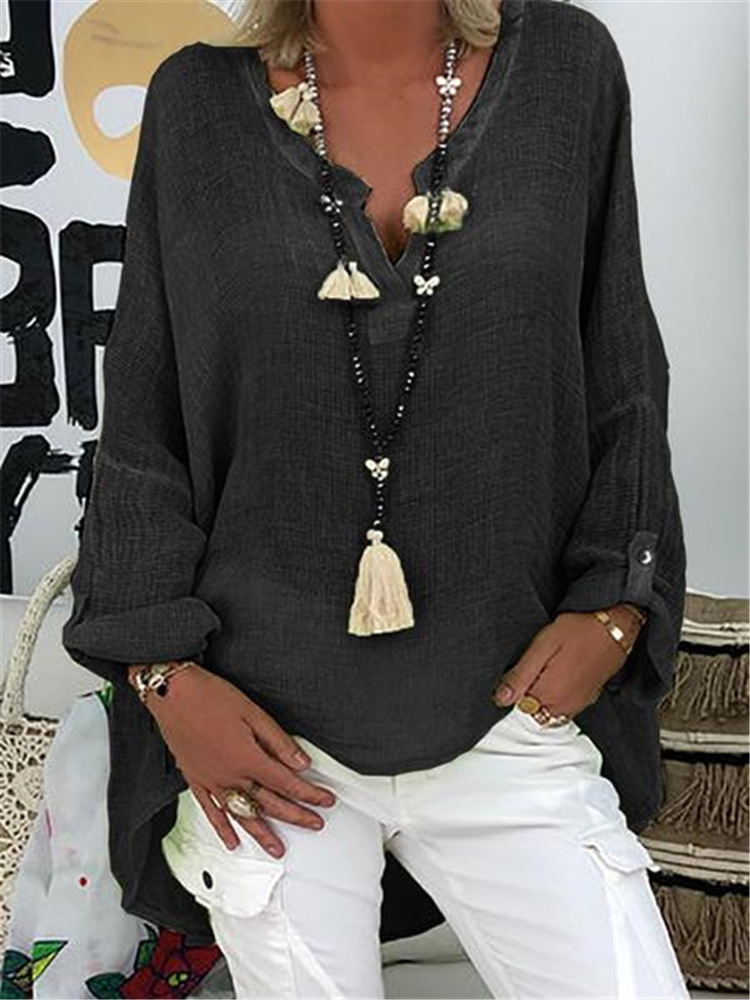 6-- farvet løs skjorte til kvinder, afslappet ensfarvet top, forår, efterår, v-hals, langærmet bluse: Xxl / Sort