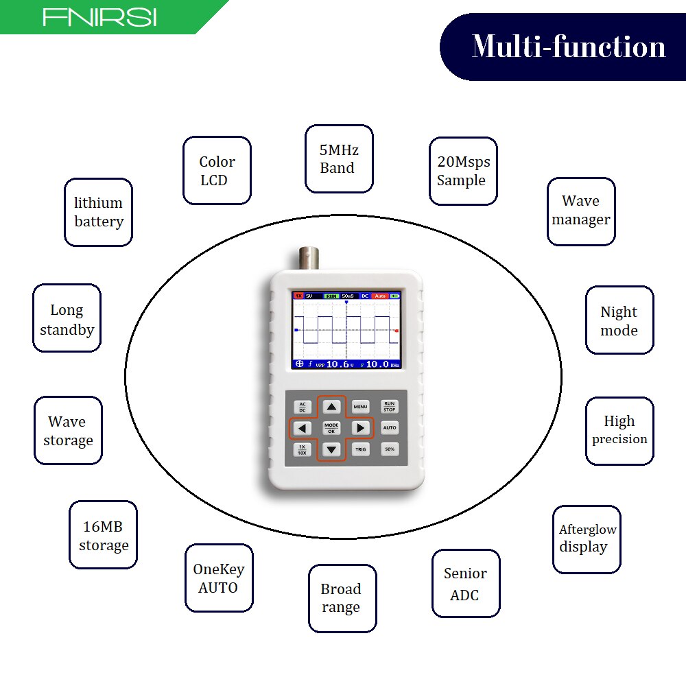 DSO FNIRSI PRO-mini osciloscopio digital portátil, 5M de ancho de banda, 20MSps de frecuencia de muestreo