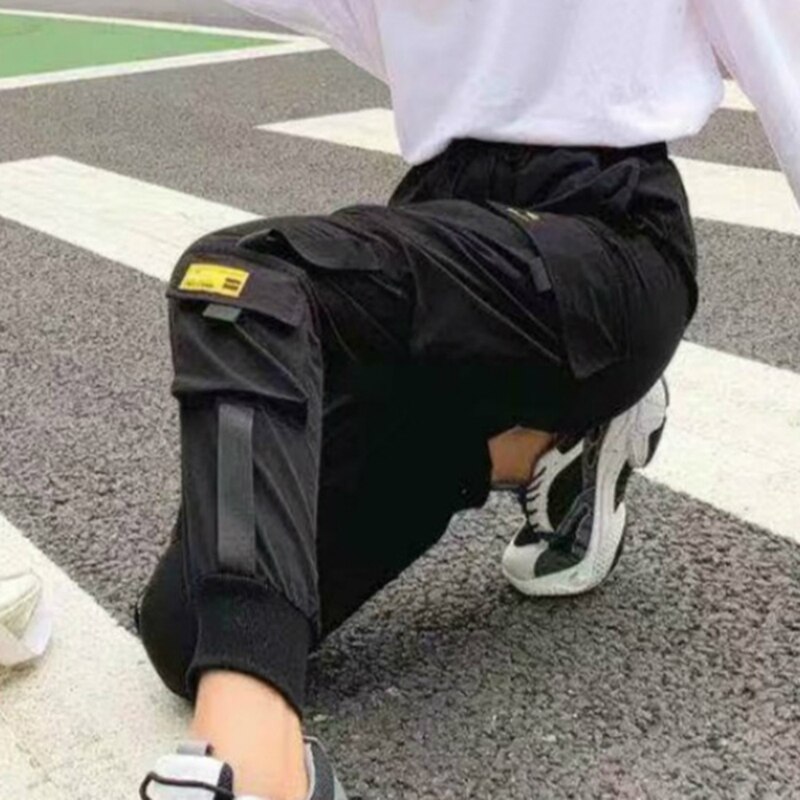 lässig Frauen Lauf Hosen Streetwear Ladung-Schlauch Schwarz Elastische Taille breite bein Jogger Hosen Weibliche verlieren Haren ausgebeult Hosen