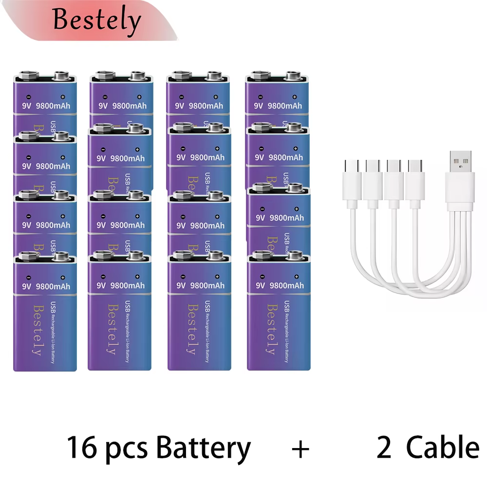 9V oplaadbare lithiumbatterij, 9800mAh langdurige 9v Li-ionbatterijen met kabel, voor rookmelder, alarmen, microfoon: Zilver