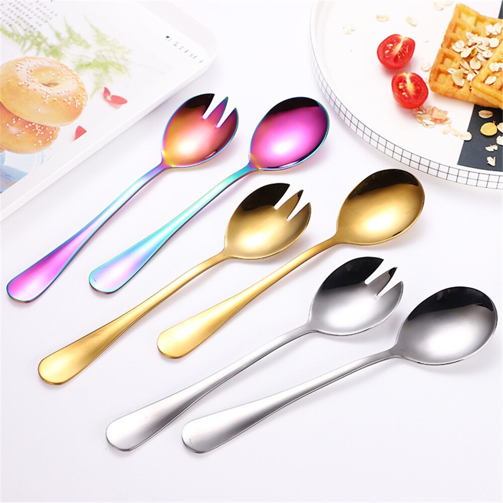 2PCS Salad Spoon And Fork Stainless Steel Cutlery Set Salad Serving Spoon Flatware Kitchen Dining Bar Utensils Unique Spoons