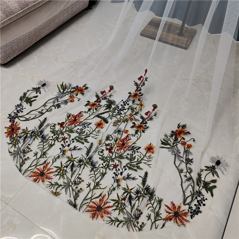 Velos de novia florales de colores, encaje bordado, tul blanco marfil, catedral, largo, negro, verde, rojo, amarillo, hojas, flores