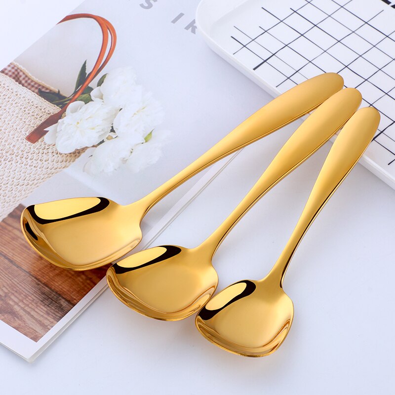 Flat Bottom Spoon Set Ice Cream Dessert Fruit Salad Spoon Simple Stainless Steel Tableware Home Kitchen Accessories