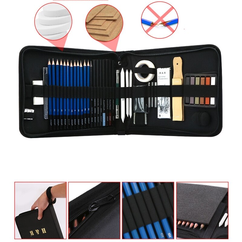 48pcs Drawing Sketch Set Graphite Charcoal Pencil Kit Carrying Bag for Beginner Painting Art Students School