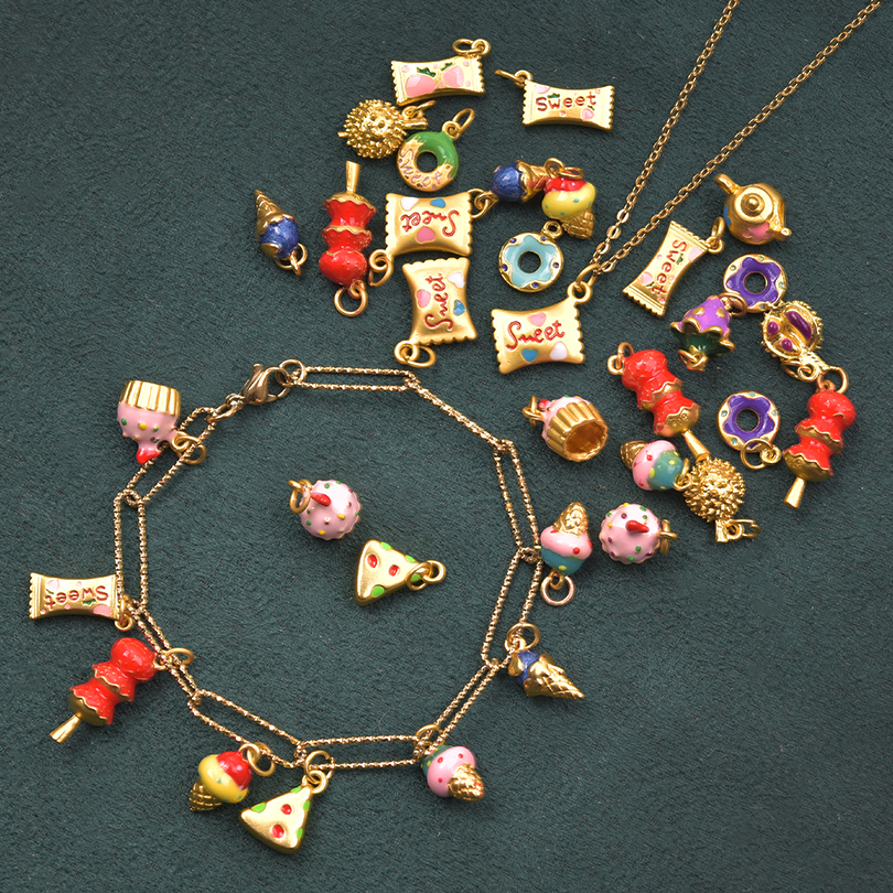 13pcs/Lot Mix Dessert Cake Ice Cream 3D Gold Color Enamel Charms For Jewelry Making Supplies Candy DIY Cute Pendant Accessories