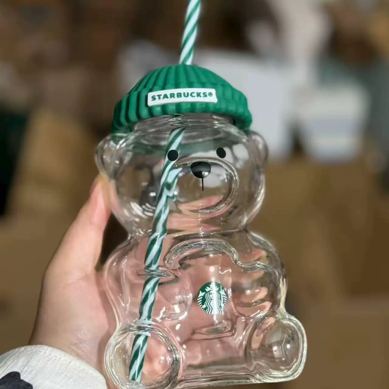 Starbucks Bearista Bären-Glasbecher 591ml Grüner Deckel Strohhalm Café Zuhause: Default Title