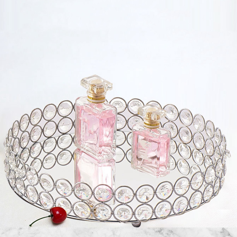 Sølv runde spejl dekorative kosmetik opbevaringsbakke bakke bryllup hjem dekoration rack
