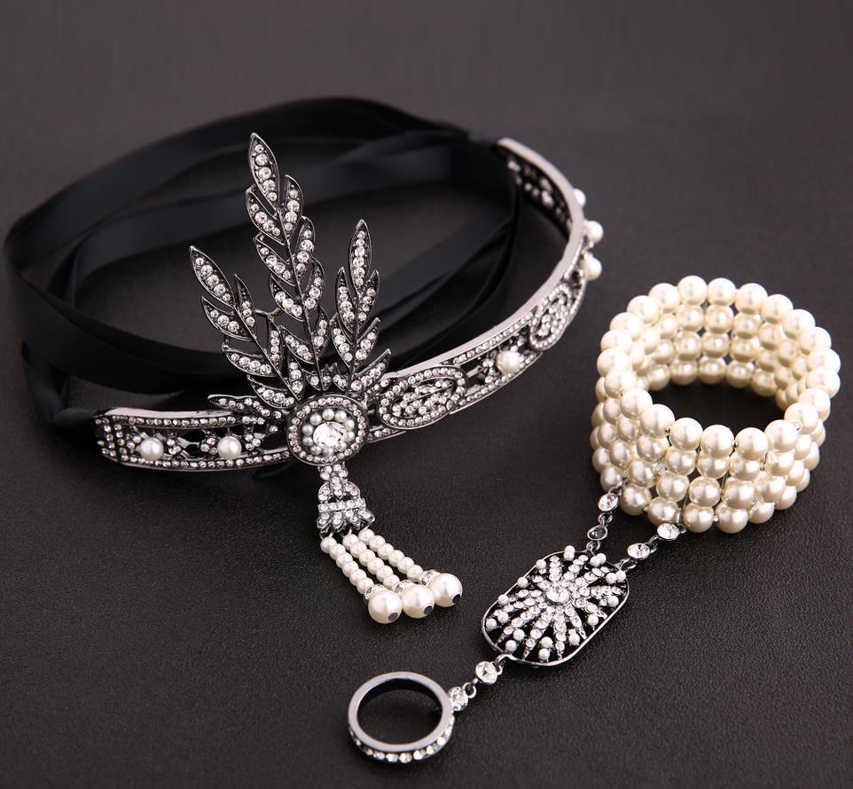 1920s Great Gatsby Party Costume Accessories Set 20s Flapper Art Deco Headband Pearl Bracelet Ring Hand Accessories 2 Pcs Set