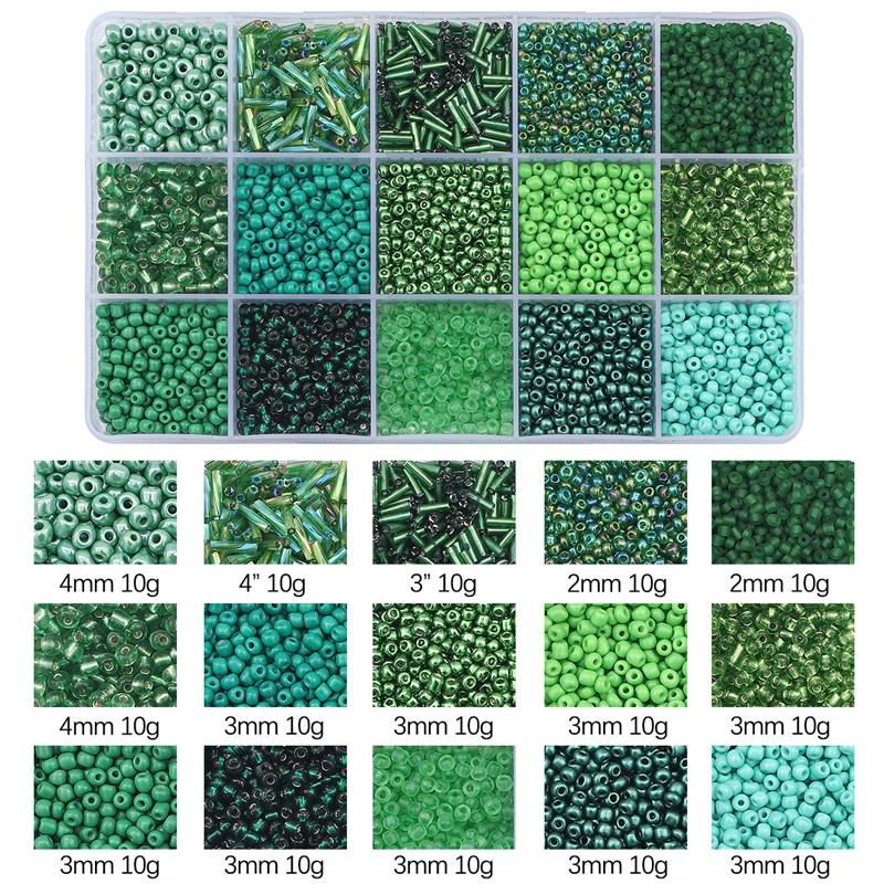 Juego de cuentas de vidrio de 15 colores para hacer pulseras, cuentas espaciadoras sueltas con caja de almacenamiento, Kit de tubos para manualidades, dijes de collares: Verde militar