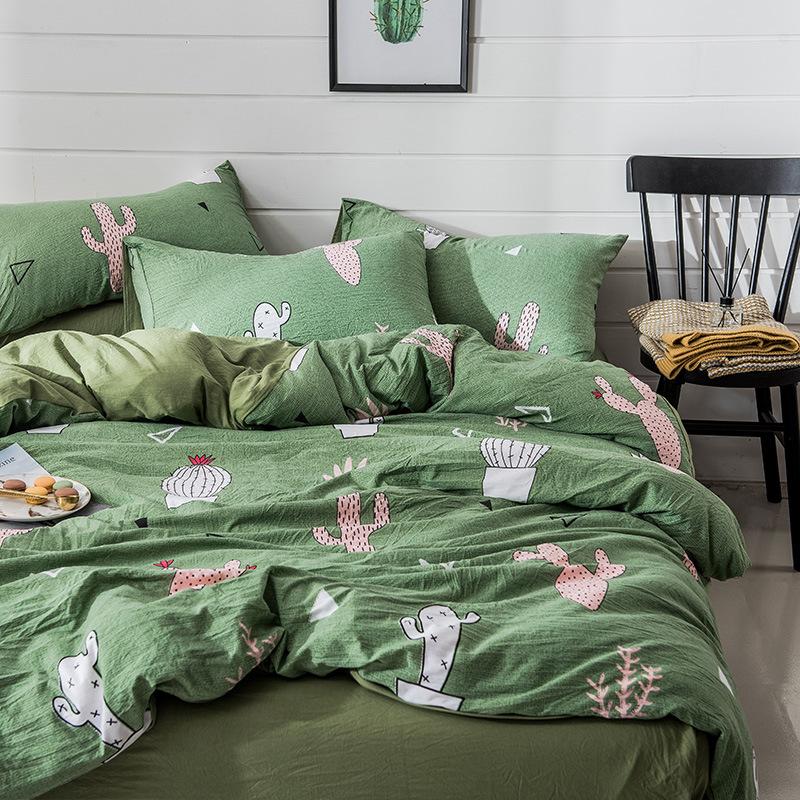 Huistextiel groene cactus beddengoedsets 4 stuks roze wortel gewassen katoen polyester zacht dekbedovertrek beddengoed laken kussenslopen
