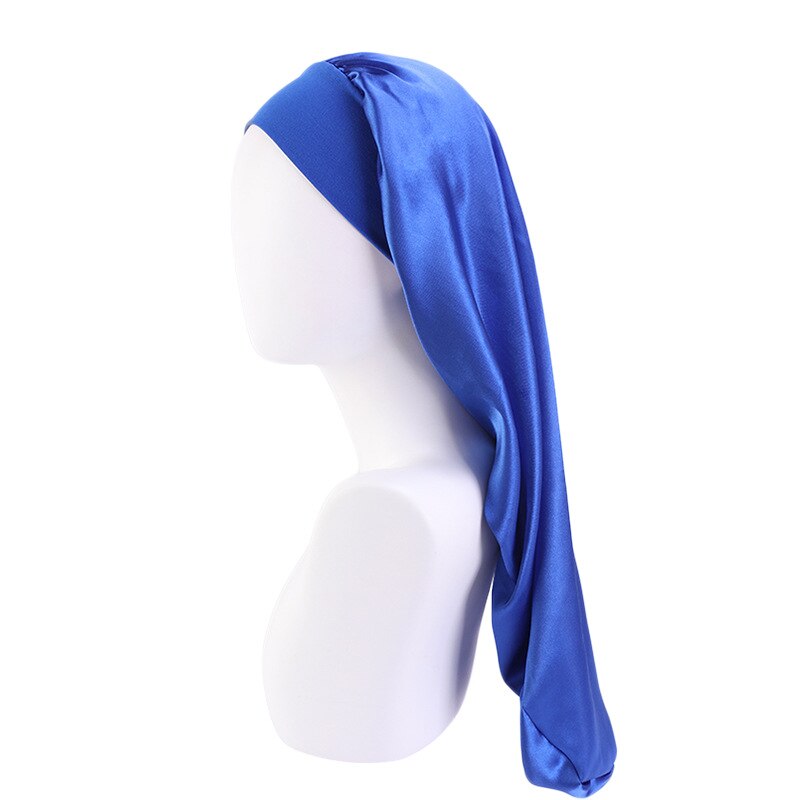 Gorro de satén para dormir para hombre y mujer, gorro de satén elástico con borde ancho, gorro de pelo largo para dormir, gorro de noche para el cuidado del cabello, Unisex: Azul