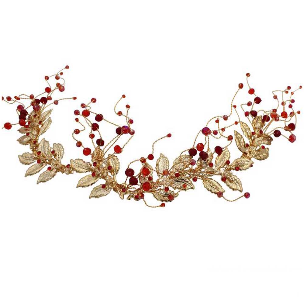 Crystal Wedding Red Beads Leaf Headband Hair Vine Gold Bridal Headpiece, Flower Hair Accessories for Brides Bridesmaid